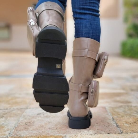 Women's Taupe Lace up High Combat Boots Lug Sole‎ - Picture 3 of 4